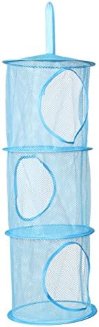 Mesh Hanging Toy Storage Basket Closet Organizer Toy Storage Space Saver Bags 3 Compartments (blue)
