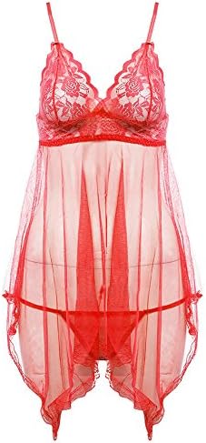 BaBana Womens Lace Babydoll Sleepwear Nightwear Sexy Lingerie Set (Red)