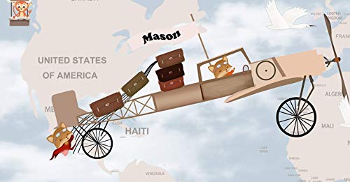 Map with Airplane Nursery Wallpaper Educational geography Wallpaper for Kids room Balloons Wall Mural for Baby Bedroom Slef-adhesive Fabric Wall Decal Removable