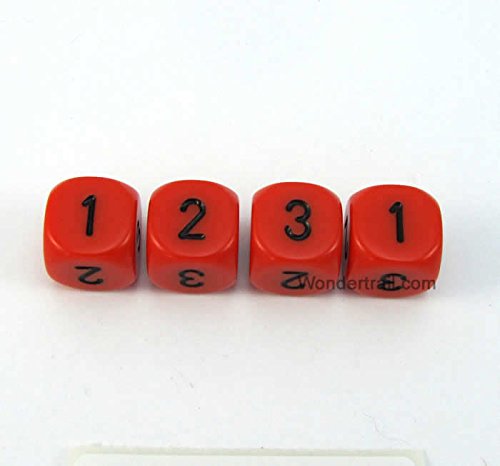 WCXXQ0303E4 Orange Opaque Dice with Black Numbers D3 (D6 1-3 Twice) 16mm (5/8in) Pack of 4 Dice Chessex