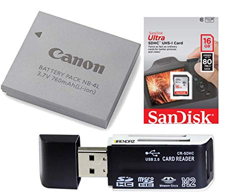 NB-4L Battery Pack w/Ultra SDHC 16GB Card and BRENDAZ SD Card Reader, Lens Clean Cloth, Works for Canon PowerShot ELPH 100 HS, 300 HS, 310 HS, SD1000, SD1100 is, SD1400 is Camera