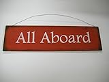 Red and White All Aboard Wooden Train Wall Art Sign Boys Bedroom Decor