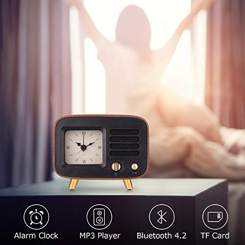 Retro Alarm Clocks & Bluetooth Speaker, Roman Numbers Silent Wooden Analog Desktop Clock w/ Rechargeable Stereo HD Sound Wireless mp3 Player for Bedroom Nightstand, Kitchen, Living Dining Office Table