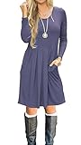 AUSELILY Women's Long Sleeve Pleated Loose Swing Casual Tunic Dress With Pockets Knee Length (M, Purple Gray)
