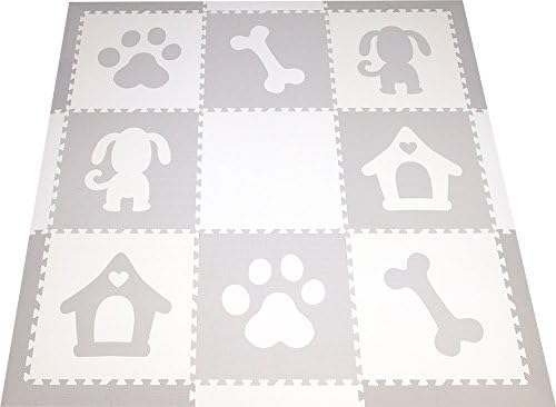 SoftTiles Children's Foam Playmat- Dog Theme- Nontoxic Premium Interlocking Floor Tiles for Kids Playrooms and Baby Nursery 6.5 x 6.5 ft. (Light Gray, White) SCDOGWH
