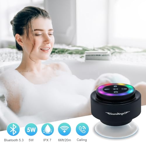 XLeader Shower Speaker, Upgraded,Certified IPX7 Waterproof, Mini Bluetooth Wireless Small Speaker with Lights, Suction Cup and Mic for Bathroom, Crystal Sound&Bass,12H Playtime, Ideal Electronic Gifts