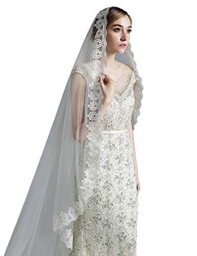 Anmor 1T Long Wedding Veils Tulle Lace Applique Bridal Veil Free Comb Ivory 11045 - Thumbnail 2