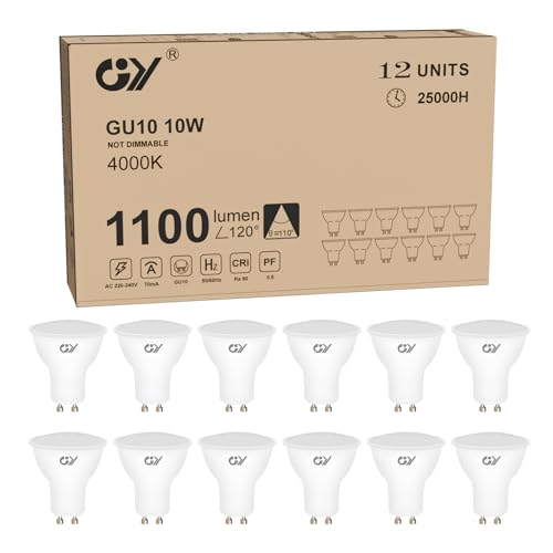GY 12 x GU10 LED Bulbs, 10 Watt (100 Watt Equivalent), 1100 Lumens, 4000K Neutral White, Can be used for Integrated Wide Flood Lighting, CE Listed, Non-Dimmable