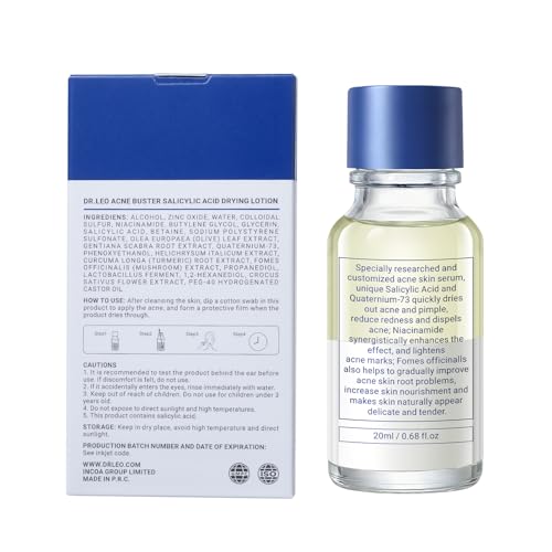Dr.Leo 1.8% Salicylic Acid Acne Treatment, Drying Lotion Acne Spot Treatment for Acne-Prone Sensitive Skin | Niacinamide, Fast Pimple Relief, Fades Acne Marks, Overnight & Period Breakouts, 0.34 fl oz
