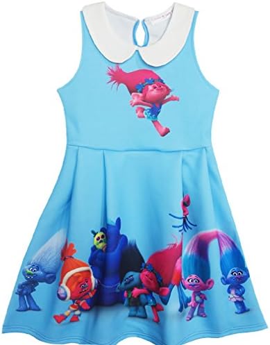 ZHBNN Trolls Little Girls Cartoon Printed Princess Dress Party Dress Troll Costume (Blue,110/3-4Y)