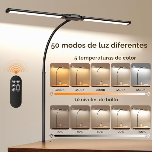 SKYLEO LED Desk Lamp - Dual Head with Remote Control and Touch Control - Eye Care - 12W, 5 Color Modes, Timer and Memory Function, Flexible Gooseneck
