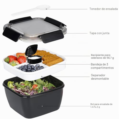 Greentainer Lunch Box 1500 ml 3 Removable Compartments, Fork + Dressing 2oz, Leakproof, BPA Free, Microwave Safe (No Lid), for Work, Picnic, Travel (Black)