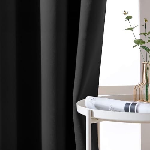 OSLIFE 2 Paneles Cortinas Blackout, Aislamiento Térmico para Sala/Recámara Ventana,Suave 100% Microfibra Poliéster Impermeable,Anillo de Sujeción,Reducción de Ruido,107 * 160cm,Negras