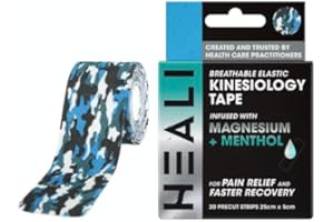 INNOVATIONS BY HEALI Heali Kinesiology Tape with Magnesium and Menthol, 20 Pcs Precut Strips, K Tape Roll, Knees, Physical Therapy Sports Tape for Muscle and Joint Pain Relief, Water Resistant, White with Blue Camo