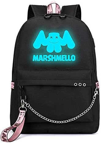 PIESWEETY Fashion Marshmallow Luminous Backpack with USB Charging Port, Unisex Fashion College School Bookbag Daypack Travel DJ Marshmello Laptop Chain Decoration Backpack