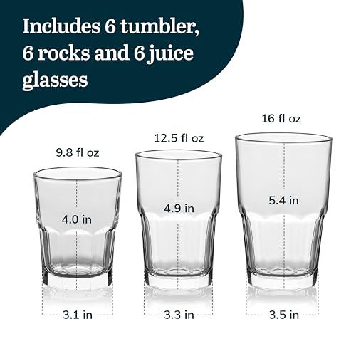 Libbey Boston Tumbler, Rocks, and Juice Glasses, 18 Piece Classic Stackable Glass Cups Set, Versatile, Kitchen Drinking Glasses Set for Everyday Use