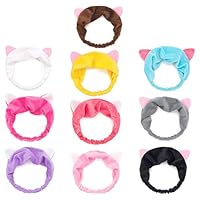 GuoZhiXin 10pcs Elastic Cat Ear Headbands, Headband for Women Wash Face Makeup Running Sport Spa Party, Lake Blue, Rose, Watermelon, Coffee, Grey, Pink, Yellow, Purple, Black, White, Large