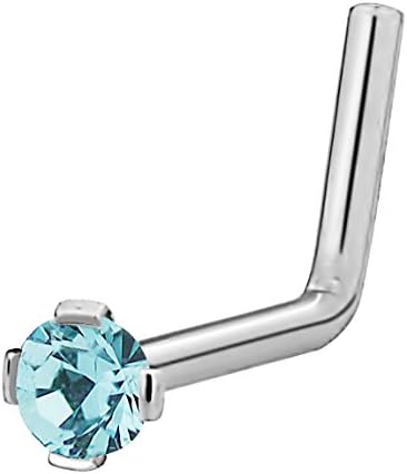 20G Surgical Steel 2 mm Aqua Blue Cubic Zirconia Crystal L-Shaped Nose Ring