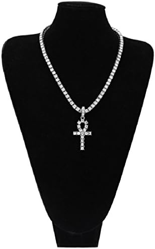 JIL 14K Gold Plated Iced Out 1 Row Artificial Diamond Ankh Cross Tennis Chain 24 Inch