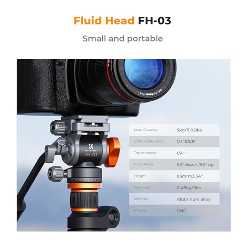 K&F CONCEPT Tripod Fluid Head with Flexible 360° Pan & +90°/-90° Tilt, Arca Swiss Metal QR-Plate with 1/4" Screw, Bottom 1/4"+3/8" Thread Hole, Load Capacity 11lbs/5kg