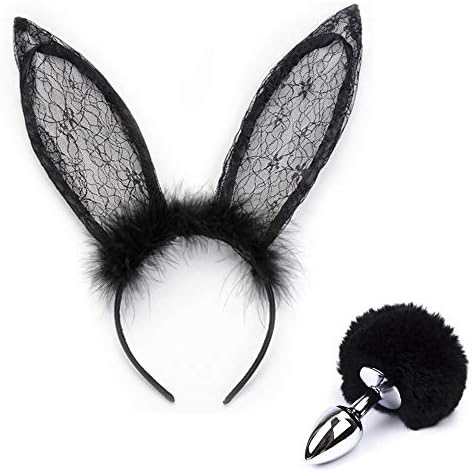 Cat Rabbit Bunny Ears Headband Fox Rabbit Tail for Woman Costume Accessory (White Lace Bunny-B) (Black Lace Rabbit)