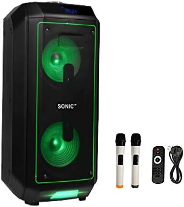 Sonic Bluetooth Rechargeable Speaker with 2 Wireless mics, FM Radio, USB & Recording Option, Mic Echo Control for Karaoke (12 Inches * 2 120 watts)