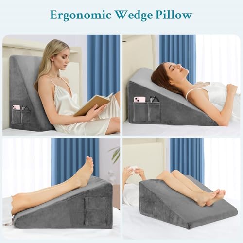 Wedge Pillow for Sleeping, 8 inch Bed Wedge Pillow, Elevated Body Pillow for Back Support, Acid Reflux, Leg, Neck Pain, Snoring, Triangle Pillow - Cooling Memory Foam Top (Grey)