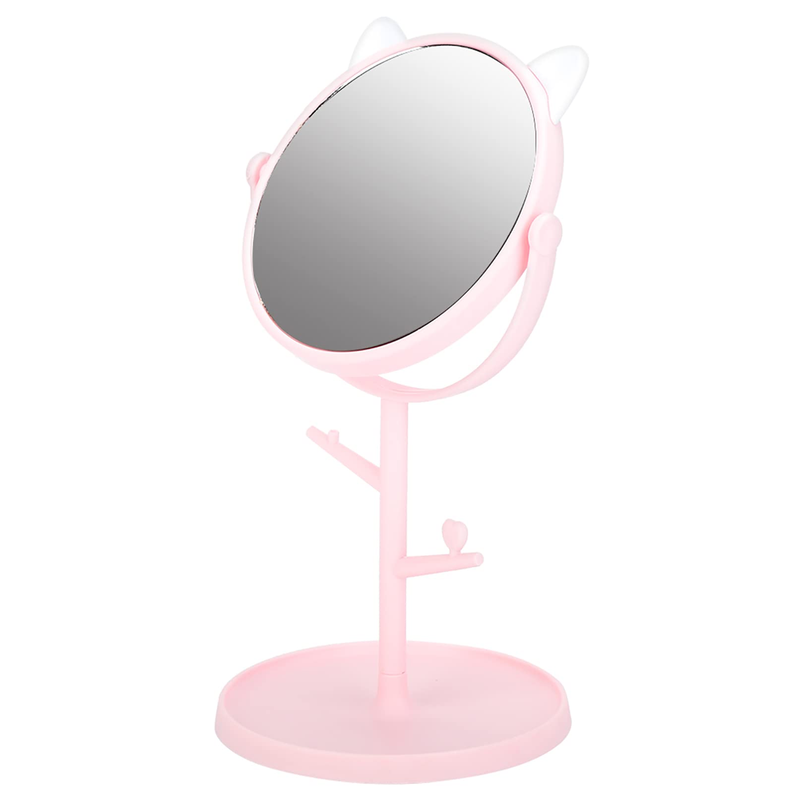 Desk Mirror in Cute Cat Ears Shape, Makeup Mirror Stand with Cosmetic Organizer, Cute Desktop Rotatable Makeup Mirror for You Cosmetic in Bathroom or Bedroom (cat ears pink)