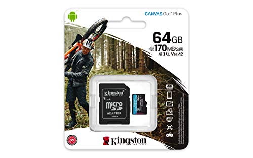 Kingston 64GB microSDXC Canvas Go Plus 170MB/s Read UHS-I, C10, U3, V30, A2/A1 Memory Card + Adapter (SDCG3/64GB)