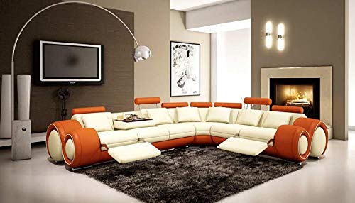 4087 Orange & Off-white Bonded Leather Sectional Sofa With Built-in Footrests