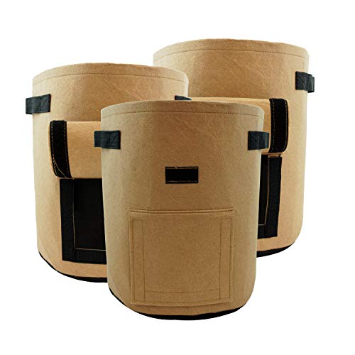 HONGVILLE Pack of 3 7-Gallons Tan Potato Grow Bags Aeration Fabric Pots w/Handles and Flap Window Garden Vegetables Planter Bags Heavy Duty Suitable for Potato, Carrot, Tomato, Onion