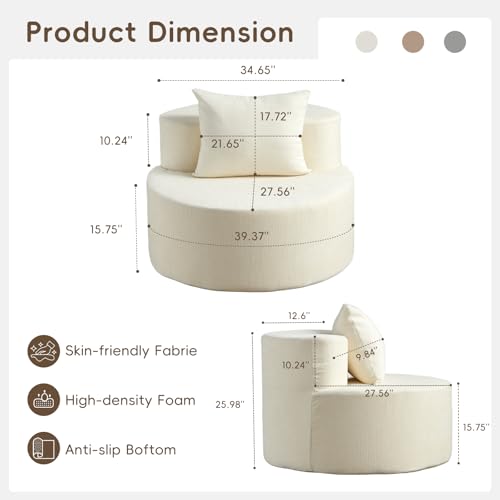 Accent Chair, Round Chaise Lounge Chair with Deep Seat, Modern Chenille Upholstered Lounge Chair, No Assembly Floor Sofa for Living Room Bedroom Apartment, 34.65 Inch Wide, Beige
