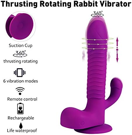 Thrusting Rotating Rabbit Vibrartor Toy for Women Adult Small Size with 6 Powerful Modes and Strong Hands-Free Suction Cup Wireless Remote Control Rechargeable Waterproof - Purple