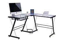 Merax Office Computer Desk L Shaped Corner Desk Drafting Table, Black with Clear Glass