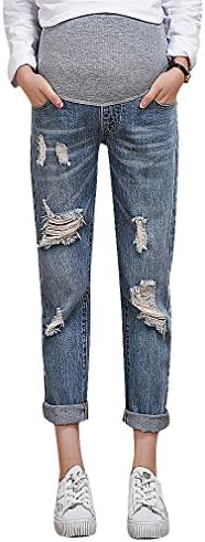 Hibukk Women Light Blue Distressed Washed Full Panel Maternity Slim Fit Jeans, Blue XS,Manufacturer(M)