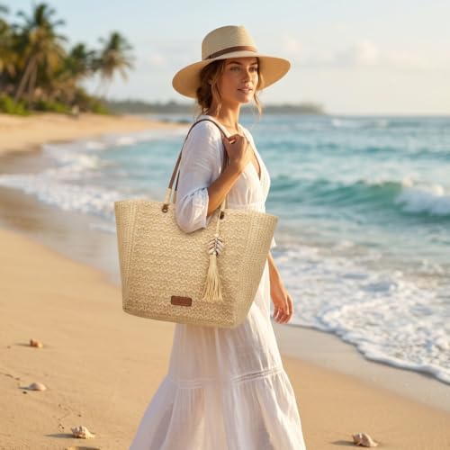 Women's Large Raffia Bag – Maxi Shopper Ivory with Long Shoulder Handles, Zip Closure and Boho Ornament, Beach and Summer Bag (Beige)