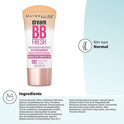 MAYBELLINE DREAM FRESH SKIN HYDRATING BB CREAM, 8-IN-1 SKIN PERFECTING BEAUTY BALM WITH BROAD SPECTRUM SPF 30, SHEER TINT COVERAGE, OIL-FREE, MEDIUM/DEEP, 1 FL OZ