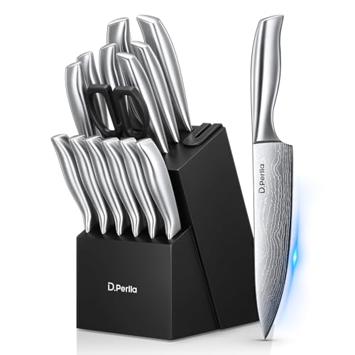 D.Perlla Kitchen Knives, 15 Set Professional Kitchen Knives Set, Stainless Steel Super Sharp Kitchen Knives Set, Knife Block A uto Sharpening