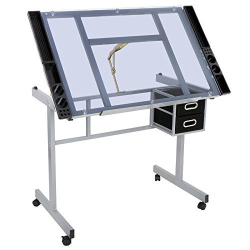 ZenStyle Glass Top Drafting Table with Storage, Adjustable