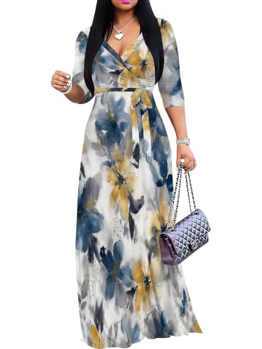 Plus Size Maxi Dress for Women V Neck 3/4 Sleeve Wrap Dress Blue Yellow M at Amazon