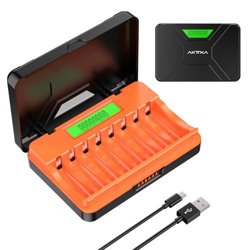 AKTTKA Rechargeable Battery Charger with Intelligent LCD, Charger for NI-MH NI-CD AA/AAA, 8 Slots Charger Rechargeable Batteries AA and AAA