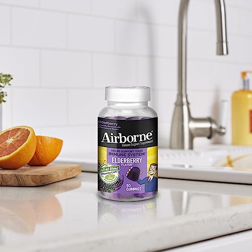 AIRBORNE ELDERBERRY + ZINC & VITAMIN C GUMMIES FOR ADULTS, IMMUNE SUPPORT VITAMIN D & ZINC GUMMIES WITH POWERFUL ANTIOXIDANT VITAMINS C D & E – 50 GUMMIES, ELDERBERRY FLAVOR