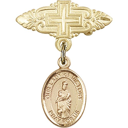 14kt Yellow Gold Baby Badge with Our Lady of Victory Charm and Badge Pin with Cross 1 X 3/4 inches