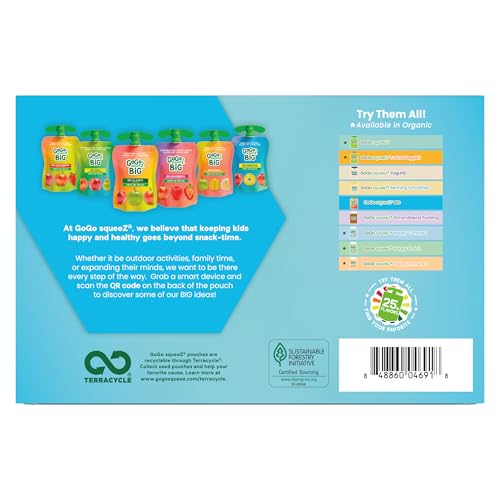 GOGO SQUEEZ BIG APPLESAUCE & FRUIT PUREE WITH VANILLA AND CINNAMON VARIETY PACK, PEAR & RASPBERRY, 4.2 OZ. (PACK OF 20), UNSWEETENED FRUIT SNACKS FOR KIDS, GLUTEN FREE, NUT FREE, DAIRY FREE POUCHES