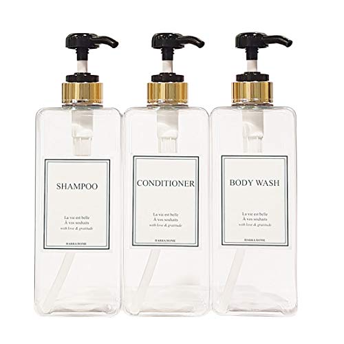 HARRA HOME Modern Gold Design Pump Bottle Set 27 oz Refillable Shampoo and Conditioner Dispenser Empty Shower Plastic Bottles with Pump for Bathroom Lotion Body wash, Pack of 3 (Clear & Black)