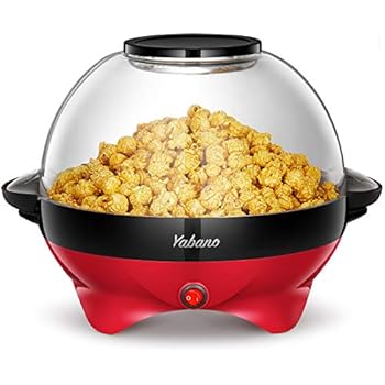 Popcorn Machine, 6-Quart Popcorn Popper maker, Nonstick Plate, Electric Stirring with Quick-Heat Technology, Cool Touch Handles, 2 in 1 Thicken Transparent Cover, Makes 24 Cups of Popcorn, Dishwasher Safe, 800W, Red, by Yabano