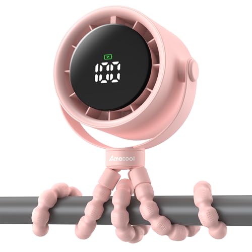 AMACOOL Baby Stroller Fan, Rechargeable Portable Clip on Fan, 17H Cooling with 5 Speeds, LED Display, 360°Rotate Personal Cooling Fans for Car Seat, Crib, Travel, Camping, Gifts for New Parents