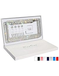 Marco para matrícula de Rhinestone 2 unidades para mujeres, de lujo, impermeable, brillante, iridiscente, diamante, marco de matrícula, brillante, tornillos, con juego de herramientas de instalación (blanco)