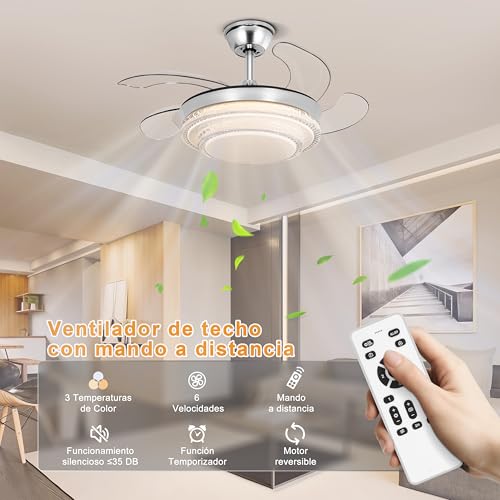 Ohniyou Ventilador de Techo Retráctil de 36 Pulgadas con Luz y Control Remoto, 6 Velocidades, Luz Regulable, Motor Reversible, Ventilador de Techo Moderno para Dormitorio Sala de Estar, Plateado