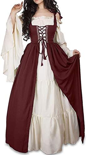 WENROU Womens Renaissance Medieval Irish Costume Over Dress and Pure White Chemise Set